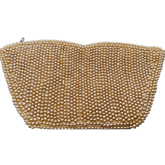 Vintage La Regale Faux Pearl Beaded Japan Zip Top Clutch Purse Bag Cream Gold - Picture 2 of 9